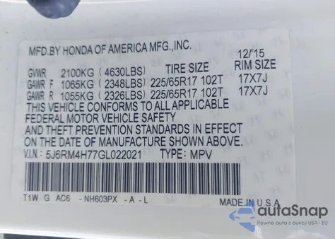 2016 Honda Cr-V Ex-L из США, поврежденный, VIN 5J6RM4H77GL022021